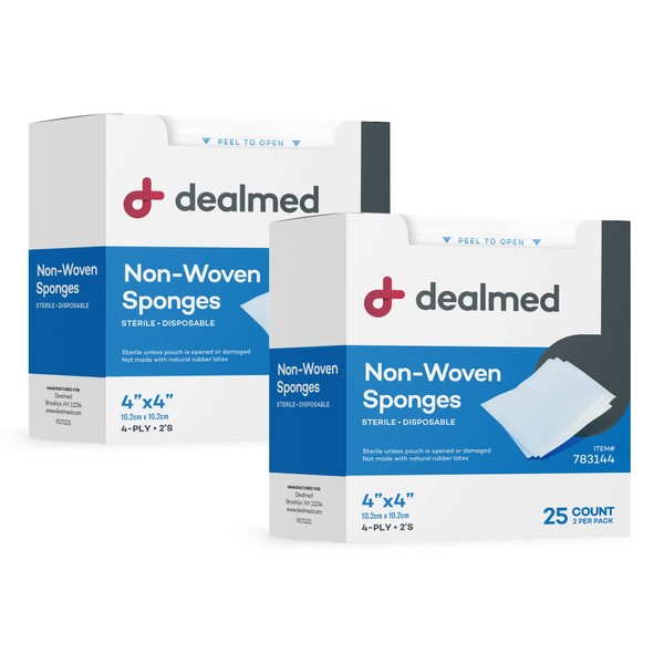 Dealmed 4" x 4" Non-Woven Non-Stick Gauze Sponges – 4-Ply Sterile Post-Op Gauze Pads Individually Wrapped for Wounds, First Aid, Medical & Dialysis Facilities, 25 Count (Pack of 2)