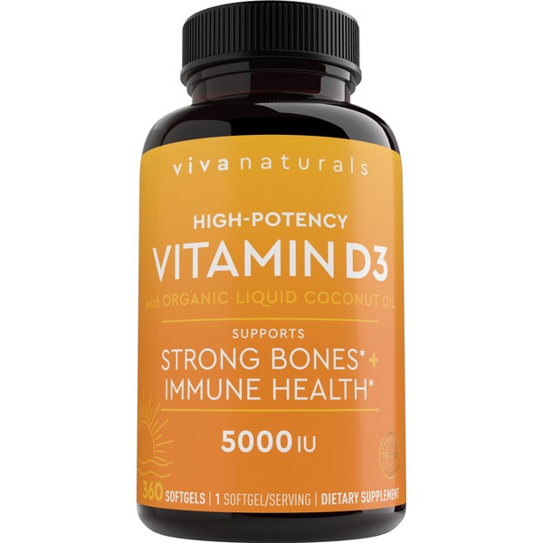Vitamin D3 5000 IU Softgels (125 mcg), 360 Softgels - High Potency Vitamin D Supplements, Small & Easy to Swallow Softgels for Healthy Immune Function, Bones