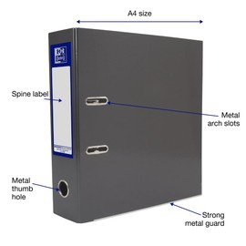 Oxford Premium A4 Lever Arch File, Charcoal Black Single Folder, Heavy Duty