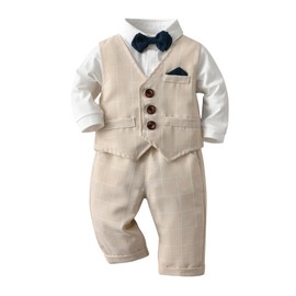 Volunboy Baby Suit Boys' Suit Vest Shirt with Bow Tie for Festive Wedding Clothing Set 4-Piece, Khaki plaid