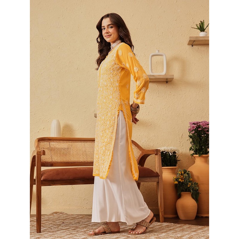 Ada Handcrafted Chikankari Faux Georgette Kurti Kurta A95504, Yellow, XXX-Large