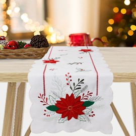 OWENIE White Christmas Table Runner 70 Inches Long, Holiday Embroidered Poinsettia Flower Fabric Table Runners Gifts, Red Green Embroidered Christmas Dresser Scarf(White, 13"x70")