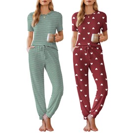 Ekouaer 2 Pack Womens Pajama Sets Short Sleeve Tops Jogger Pants Lounge Sets Soft Loungewear Printed Pj with Pockets