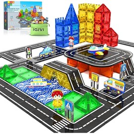 112 PCS Magnetic Tiles Road Set, STEM Magnetic Building Blocks for Toddler Kid Toys, City Construction Toys for 3+ Year Old Boys & Girls, Creative Kids Birthday