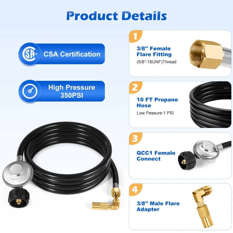 WADEO 10FT Propane Regulator and Hose for 20lb Propane Tank