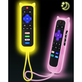 2Pack ONEBOM Cover for Roku Remote with Cat Ears Design,Silicone Skin Case Fit with Hisense/TCL Roku TV,Steaming Stick/Express,Universal Controller Glow in The Dark(Glow Pink&Glow Yellow)