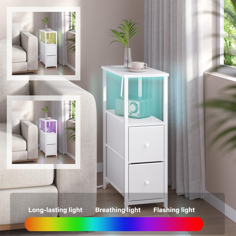 TUTOTAK Small Narrow LED End Table with Charging Station, Side
