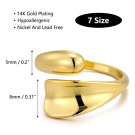 ALEXCRAFT Gold Rings For Women, 14K Gold Plated Chunky Thick Ring Gold Teardrop Waterdrop Ring Curved Open Adjustable Ring Large Wide Flat Chunky Ring Gold Thumb Finger Ring Women Men Unisex Rings