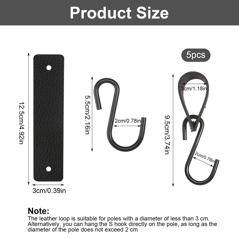 CAINCAY S Hooks with Leather Loop, 5 Pcs S Shaped