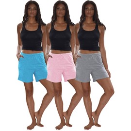 Sexy Basics Women's 3 Pack Cotton Sleep Pajama Shorts with Pockets & Drawstring (3 Pack- Pink/Turqoise/Grey, Medium)