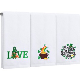 FuWeave 3 Pcs Embroidered St. Patrick's Day Hand Towels Cotton Lucky Shamrock Happy St Patricks Day Bathroom Kitchen Decorative Dish Towel for Hand Drying Cleaning Cooking Housewarming Gift