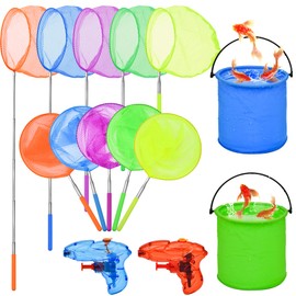 14Pack Kids Telescopic Butterfly Nets Foldable Buckets and Kids Water Gun Set Colorful Fishing Bugs Nets Outdoor Tools for Kids Catching Insect Net Extendable Anti Slip Grip Fishing Nets