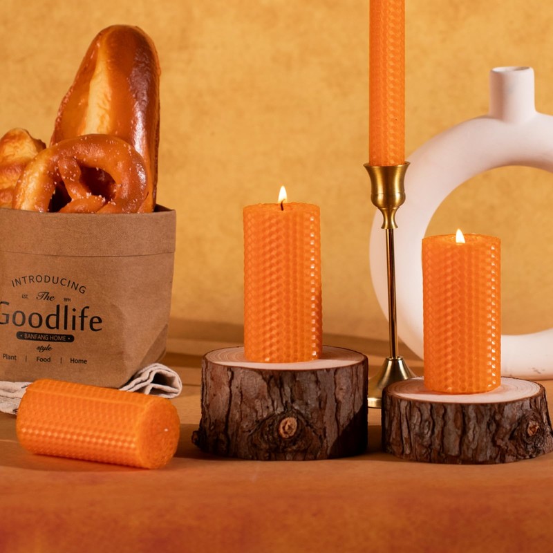 KONNI Beeswax Orange Pillar Candles Set of 3, 2"x 4"