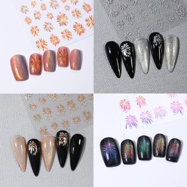 ONPRESS 4Sheets Colorful Firework Nail Art Stickers Gold Silver Fireworks Nail Decals 3D Self-Adhesive Independence Day Nail Stickers Holographic Sky Sparkling Fireworks for Women Manicure Decor