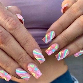 Valentine's Day Press on Nails Square Fake Nails Colourful Heart Nails Press on Acrylic Nails Rainbow False Nails Glue on Nails Swirl Star Stick on Nails Holiday Manicure Decoration Kit for Women