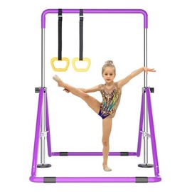 WATBKHE Gymnastic Bars for Kids, Horizontal Bars with Adjustable Height, Folding Gymnastic Training Kip Bar with Rings, Expandable Bars for Boys and Girls, Gymnastic Training Equipment for Home-purple