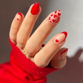 Short Almond Press on Nails Heart Fake Nails with Designs Glossy Valentine's Day Nails Press on Acrylic Nails Red False Nails Winter Cute Full Cover Glue on Nails Pink Stick on Nails for Women 24Pcs