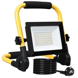 Meision LED Construction Spotlight, 50 W, 4300 lm, Warm White, Super Bright LED Work Light 3000 K with Plug + 3 m Power Cable, IP66 Portable Floodlight, Construction Site Lamp for Construction Site,