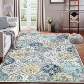 ROYHOME 8x10 Area Rug Moroccan Trellis Machine Washable Rug Vintage Medallion Distressed Indoor Accent Rug Stain Resistant Non-Slip Floor Cover Carpet for Living Room Bedroom, Blue/Yellow