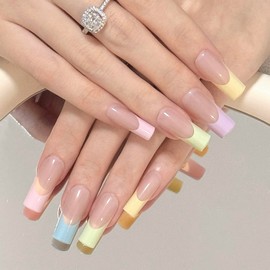 150 Pcs French Tip Press on Nails - Long Square Press on Nails, French Tip Gel X Nails French Press on Nails, Colored Nail Tips Soft Gel Nail Tips Acrylic Nails, French Tip Nails for Young Girls