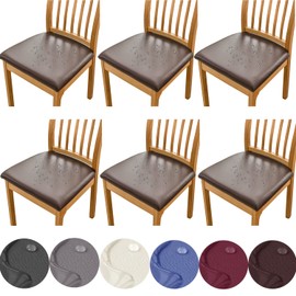 HFCNMY Seat Covers for Dining Chairs, 6 Pack Stretch Waterproof PU Dining Chair Seat Covers Removable Dining Room Chair Seat Covers Washable Kitchen Chair Seat Covers with Elastic Bands (Coffee)
