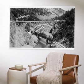 Lantern Press 36x54 Inch Giclee Print, Pulga, California, Aerial of Train on Bridge over Feather River Canyon