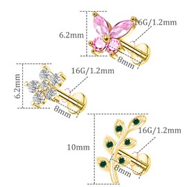 FLOGWE 3 PCS 16G 316L Pushin Nose Stud Rings Leaf and Flower Lip Rings Top Push in Threadless Surgical Steel Butterfly Flat Back Helix Tragus Cartilage Stud Earring for Womens (Gold)