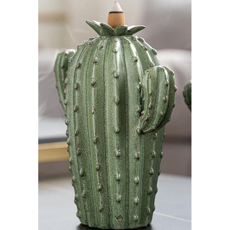 Cute Cactus Backflow Incense Burner, Green Ceramic Incense Holder Waterfall