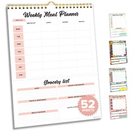 Decorably 52 Sheets Minimal Pink Undated Meal Planner Pad with Grocery List Minimalist, 7x10in Spring-Bound Meal Planning Calendar