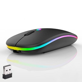 LED Wireless Mouse, Slim Silent Dual-Mode 2.4G+BT Rechargable 7-Color Mouse Portable Mobile Optical Office Mouse with USB Receiver, 3 Adjustable Levels for Notebook, PC, Computer, MacBook (Black)