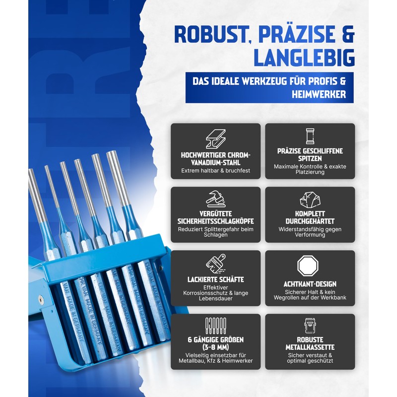 Paffrath Remscheid® Pin Punch Set 6 Pieces (3-8 mm) -