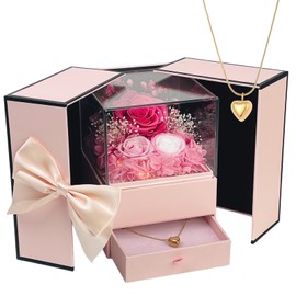 AyaYeah Preserved Flowers in A Gift Box with Bow - Forever Pink Roses with Gold Heart Necklace for Her - Valentines Day Mother's Day Birthday Anniversary for Women Wife Mom Present (Pink)