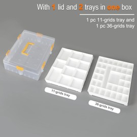 BTSKY Clear Dividing Storage Box with 1 Lid Plastic Accessories Organizer Box with Fixed 36+11 Grids Trays Portable Craft Supplies Sorting Storage Box for Beads, Bobby Pin, Hardware, Yellow