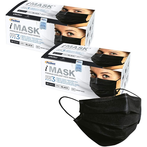 Pac-Dent iMask Premium ASTM Level 3 Disposable Face Masks, 100-Pack (2 Packs of 50), Black