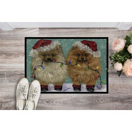 Caroline's Treasures PPP3267MAT Pomeranian Christmas Lighten Up Doormat 18x27 Front Door Mat Indoor Outdoor Rugs for Entryway, Non Slip Washable Low Pile, 18H X 27W