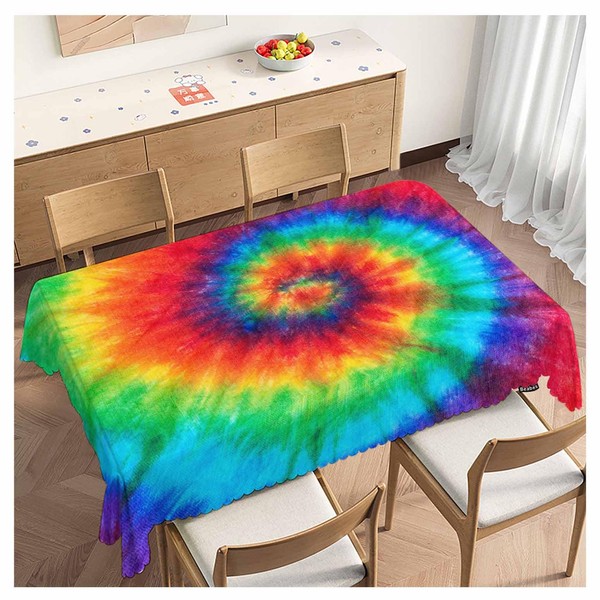 Beabes Rectangle Tablecloth Tie Dye,Rainbow Spiral Tie Dye Stain-Resistant Table