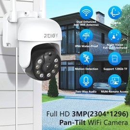 REIGY 1296P Outdoor Surveillance Camera WiFi 360 3MP PTZ IP Camera Outdoor, Domo Video Surveillance with IP66 Waterproof and Night Vision, Motion Tracking 2-Way Audio Compatible NVR