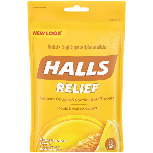 HALLS Relief Honey Lemon Flavor Cough Drops, 1 Bag (30 Total Drops)