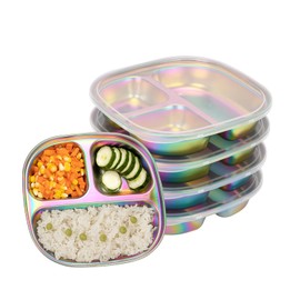 LYHLYA Stainless Steel Plates, 4-Pack Durable Metal Plates with Lids, Non-Toxic Unbreakable Dinnerware, Colorful and Fun Designs, Perfect for Home, Travel, and Outdoor Use