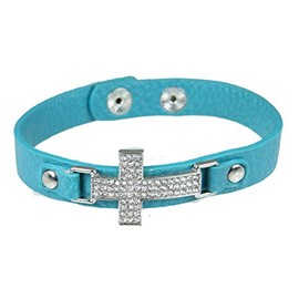 4030362 Leather Cross Bracelet Teal Aqua Rhinestone Christian Fashion
