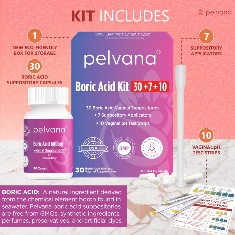 Pelvana Boric Acid Suppositories for Women 30 + 7 Applicators