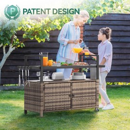 YITAHOME Large Outdoor Kitchen Wicker Island Rolling Cart & Patio Bar Table, w/Wheels and Black Glass Table Top Backyard and Poolside Light Brown