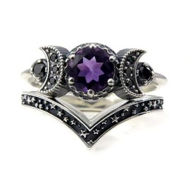 COLORFUL BLING Wicca Pagan Triple Moon Godness Band Ring Set Vintage Star Moon Amulet Wicca Crystal Cresent Religious Ring for Women Gifts -Size 11