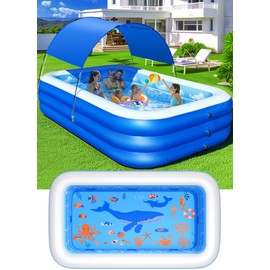 Inflatable Pool with Canopy,Upgraded Inflatable Swimming Pool for Kids,Adult,Large Inflatable Blow up Pools,Ocean Theme Oversized Thickened 105"x75"x25"Inflatable Family Pools for Backyard