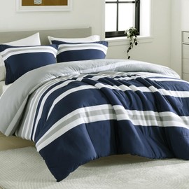 Uniclinens Navy Striped Comforter Set Queen - Fluffy Lightweight Quilted All-Season Comforter, Bedding Set Queen Size, 3pcs Include 1 Comforter (90"x90") and 2 Pillowshams (20"x26")