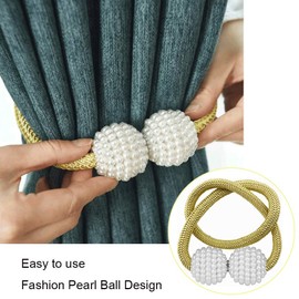 Magnetic Curtain Tiebacks (2 Pack) Pearl Ball Curtain Magnetic TieBacks Weave Rope Drape Tie Backs for Home, Office, Hotel Window Decorative, golden