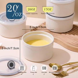 Ceramic Bowls with Lids, 20 oz Microwave Safe Food Container for Serving Cereal, Soup, Salad, Meal Prep, Storing Leftovers, Picnic, Camping, Office Lunch, 5 inch-Set of 4 (Oatmeal White)