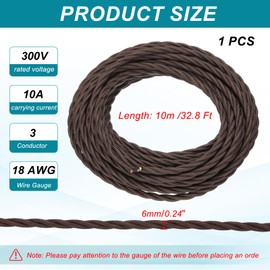 sourcing map 32.8Ft Twisted Cloth Covered Wire, 18/3 Cloth Covered Electrical Wire Vintage Industrial Electronic Wire Cloth Cord Cable for Pendant Light DIY Project, Dark Brown