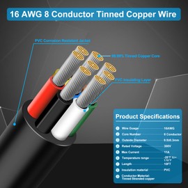 16 Gauge 8 Conductor Electrical Wire, 10 FT Low Voltage 16/8 Tinned Copper Stranded 8 Wire Cable, 16 AWG Black Flexible Extension Power Cord for Automotive,Sprinkler,Thermostat,Trailer,Irrigation Etc