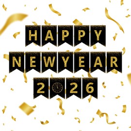 Happy New Year Banner,New Years Eve Party Supplies 2026, No DIY, Black Gold Happy New Year Banner for Outdoor Indoor Home Party Decorations